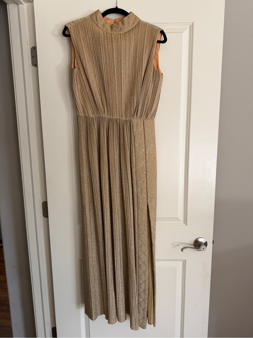 Sleeveless Gold Metallic Maxi Dress with High Neck